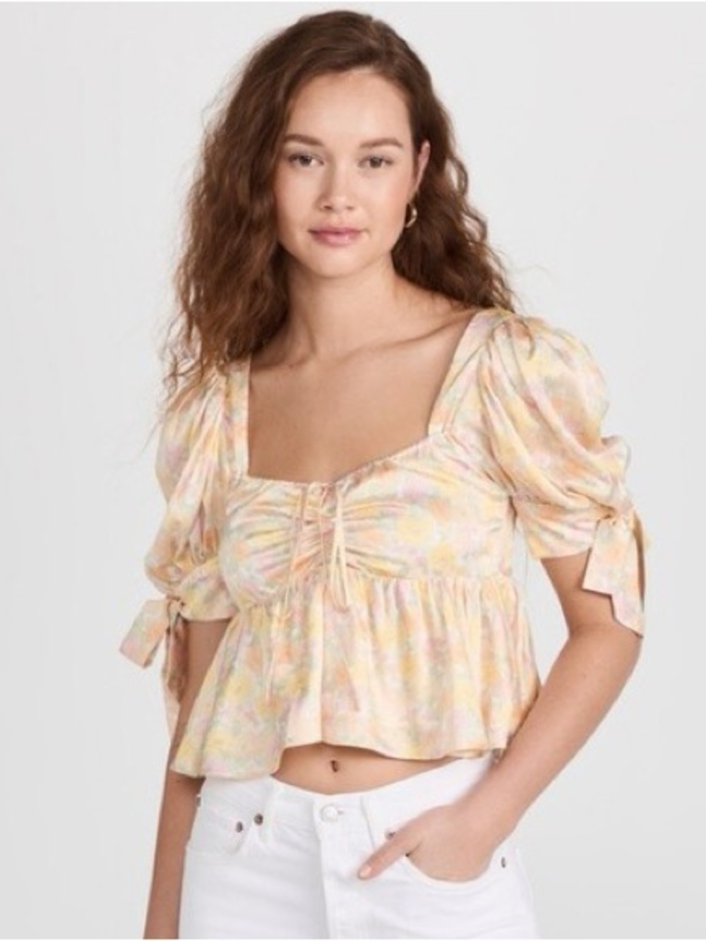 Wayf Pastel Yellow & Pink Floral Tie-Front Puff Sleeve Crop Top